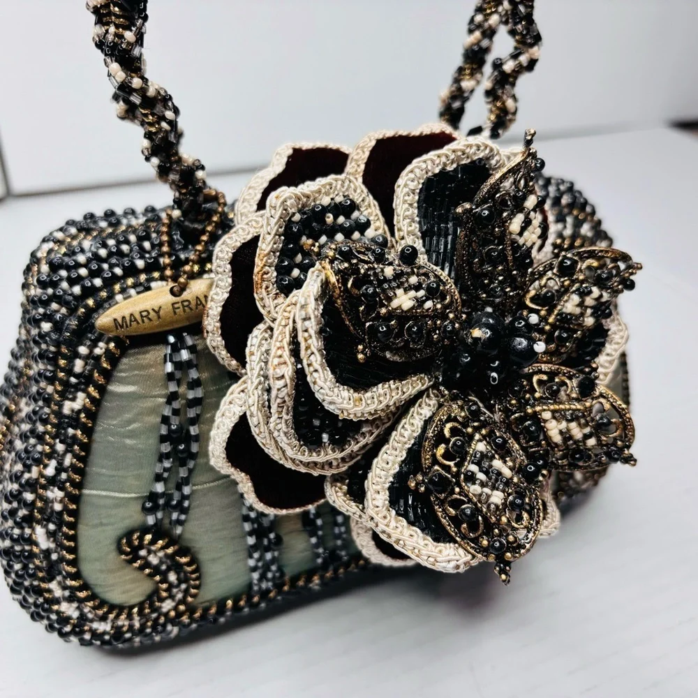 MARY FRANCES Dark Multi-Toned Vintage Beaded Floral Clutch